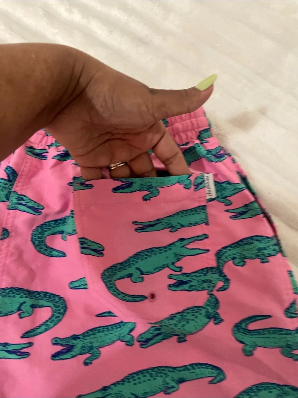 chubbies Pink Swim Trunks with Teal Alligator Print